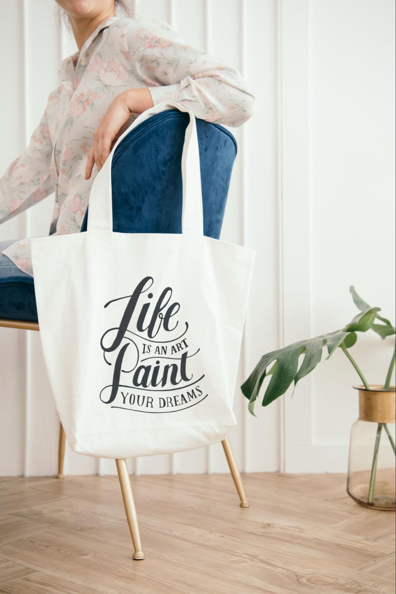 Woman with custom printed tote bag